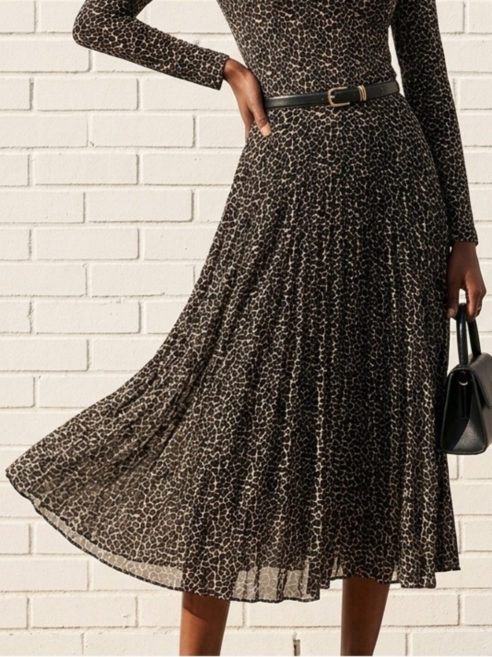 Black Tan Animal Print Midi Skirt Women’s XS Petite Flowy Minimalist Capsule